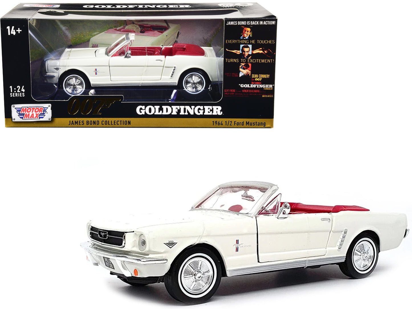 1964 1/2 Ford Mustang Convertible White with Red Interior James Bond 007 "Goldfinger" (1964) Movie "James Bond Collection" Series 1/24 Diecast Model Car by Motormax free shipping USA