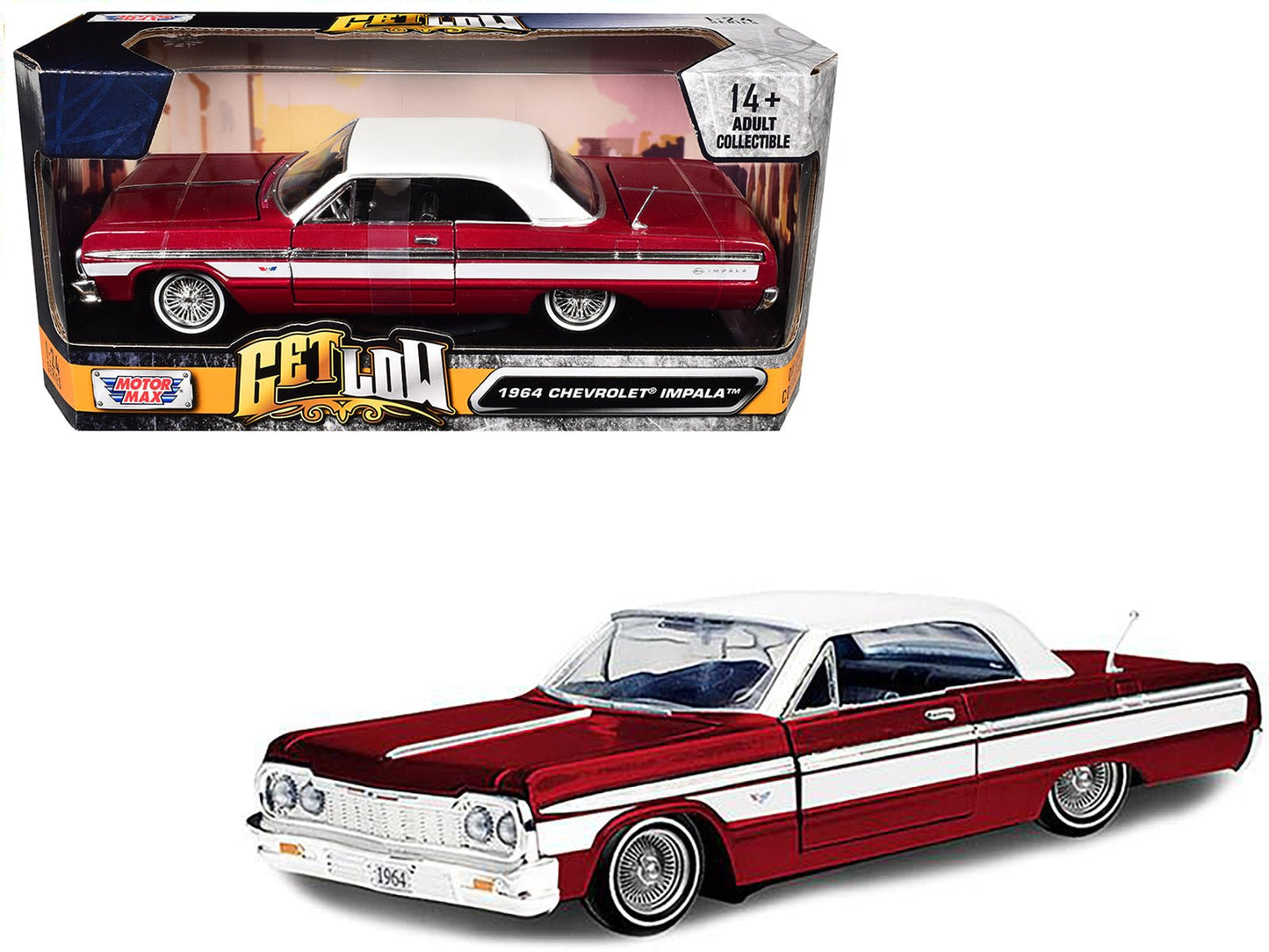 1964 Chevrolet Impala Lowrider Hard Top Candy Red Metallic with White Top "Get Low" Series 1/24 Diecast Model Car by Motormax free shipping USA