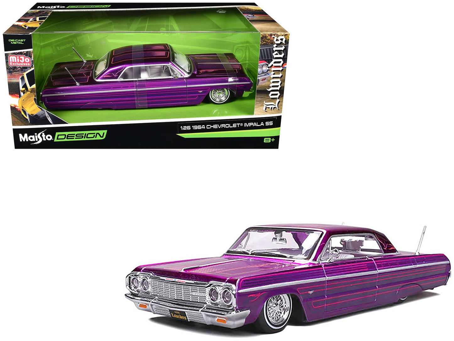 1964 Chevrolet Impala SS Lowrider Candy Purple with Graphics and White Interior "Lowriders" "Maisto Design" Series 1/26 Diecast Model Car by Maisto free shipping USA