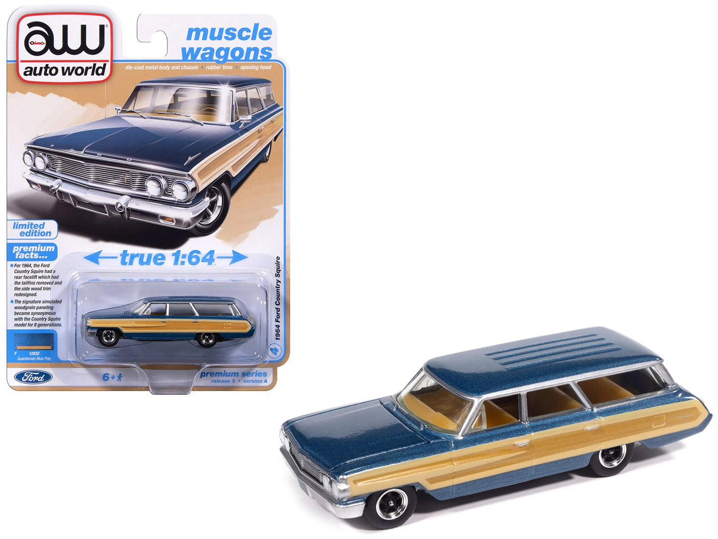 1964 Ford Country Squire Guardsman Blue Metallic with Woodgrain Sides "Muscle Wagons" Series 1/64 Diecast Model Car by Auto World free shipping USA
