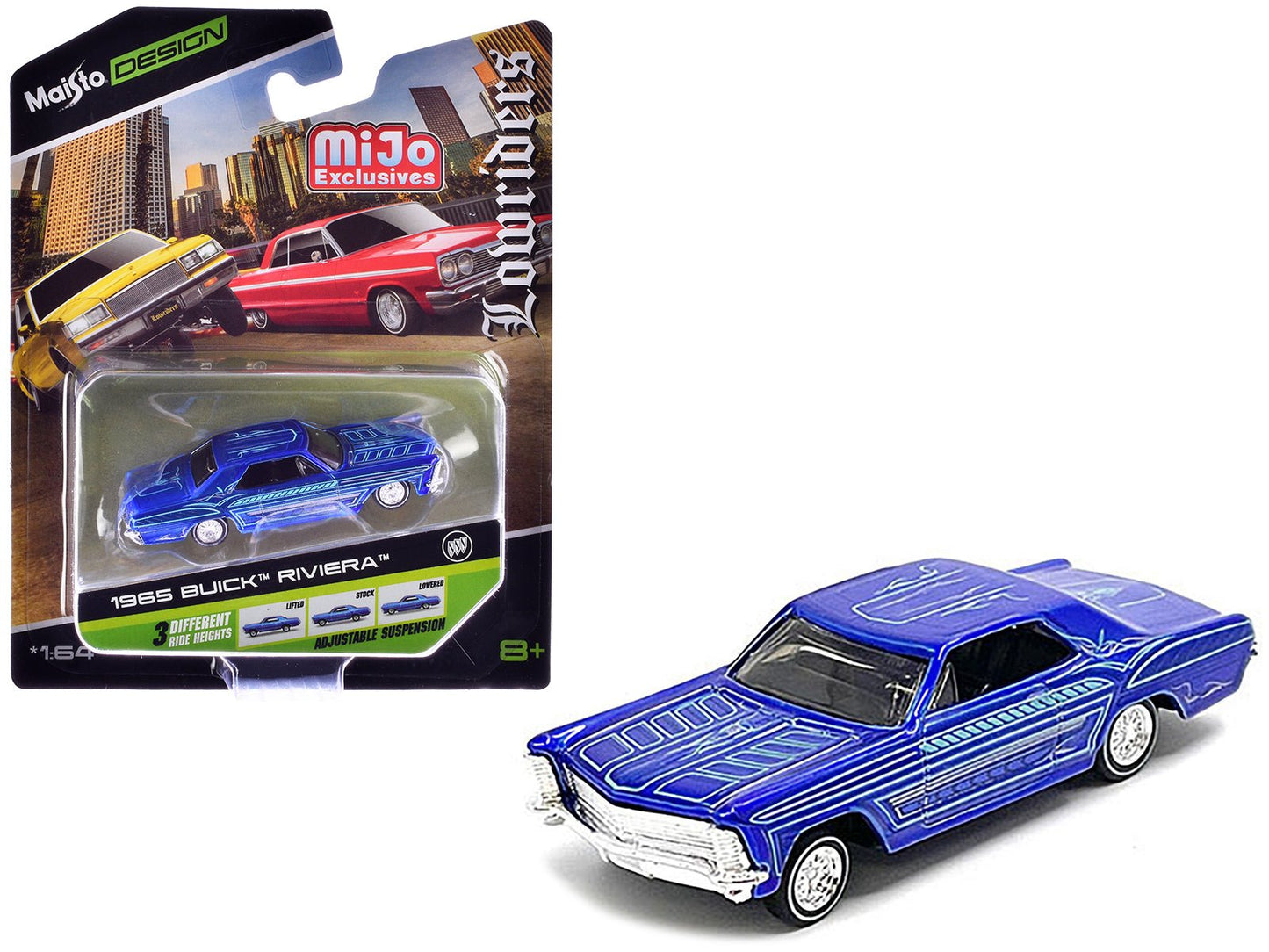 1965 Buick Riviera Candy Blue with Graphics "Lowriders" "Maisto Design" Series 1/64 Diecast Model Car by Maisto free shipping USA