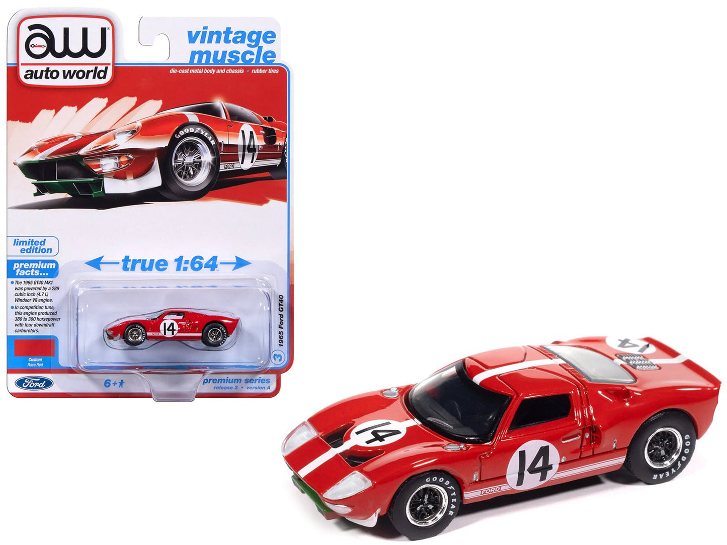 1965 Ford GT40 #14 Red with White Stripes "Vintage Muscle" Series 1/64 Diecast Model Car by Auto World free shipping USA