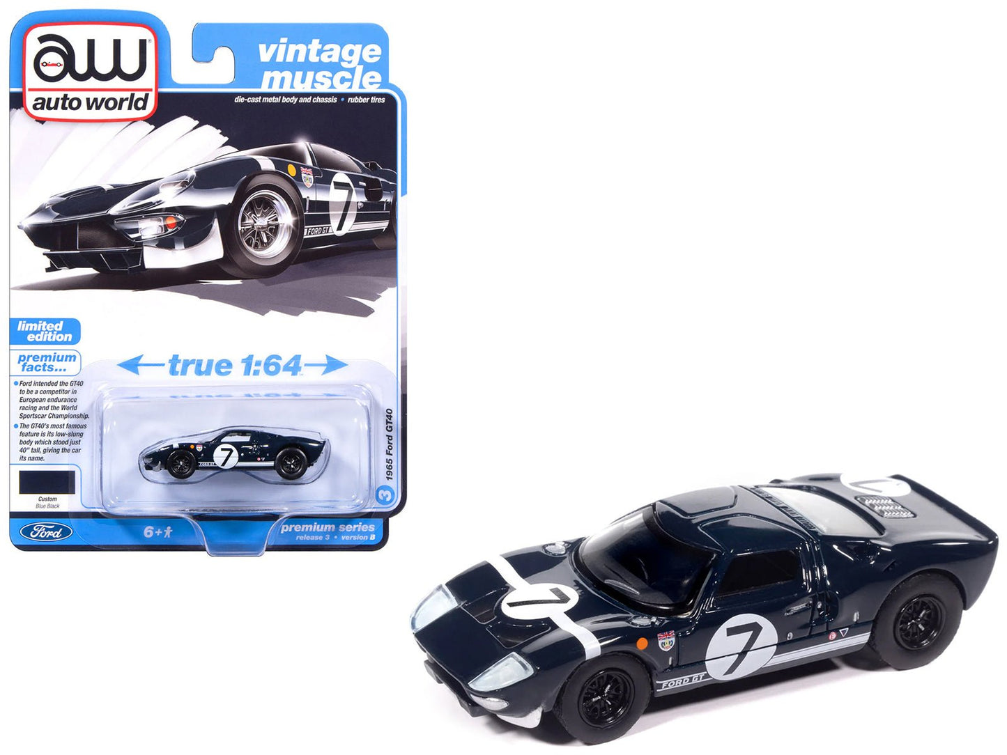 1965 Ford GT40 #7 Blue Black with White Stripes "Vintage Muscle" Series 1/64 Diecast Model Car by Auto World free shipping USA