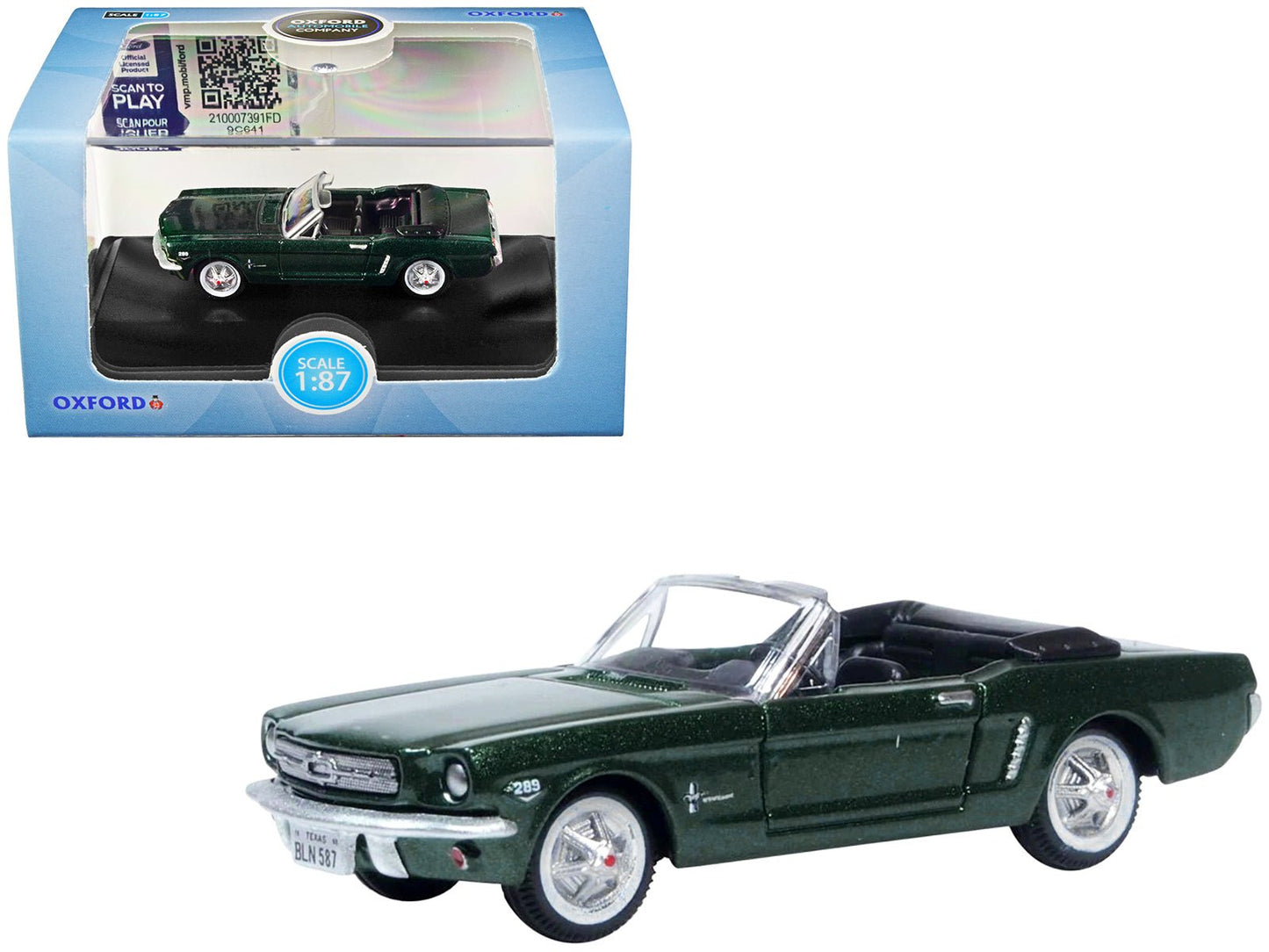 1965 Ford Mustang Convertible Ivy Green Metallic 1/87 (HO) Scale Diecast Model Car by Oxford Diecast free shipping USA