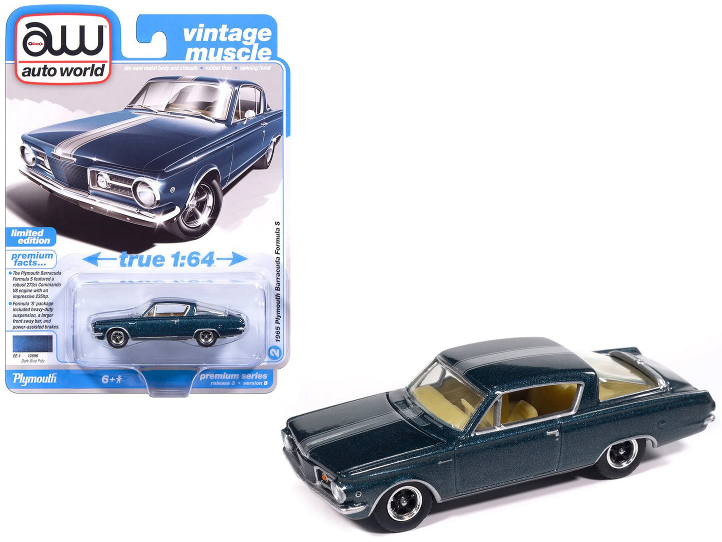 1965 Plymouth Barracuda Formula S Dark Blue Metallic with Silver Stripe "Vintage Muscle" Series 1/64 Diecast Model Car by Auto World free shipping USA
