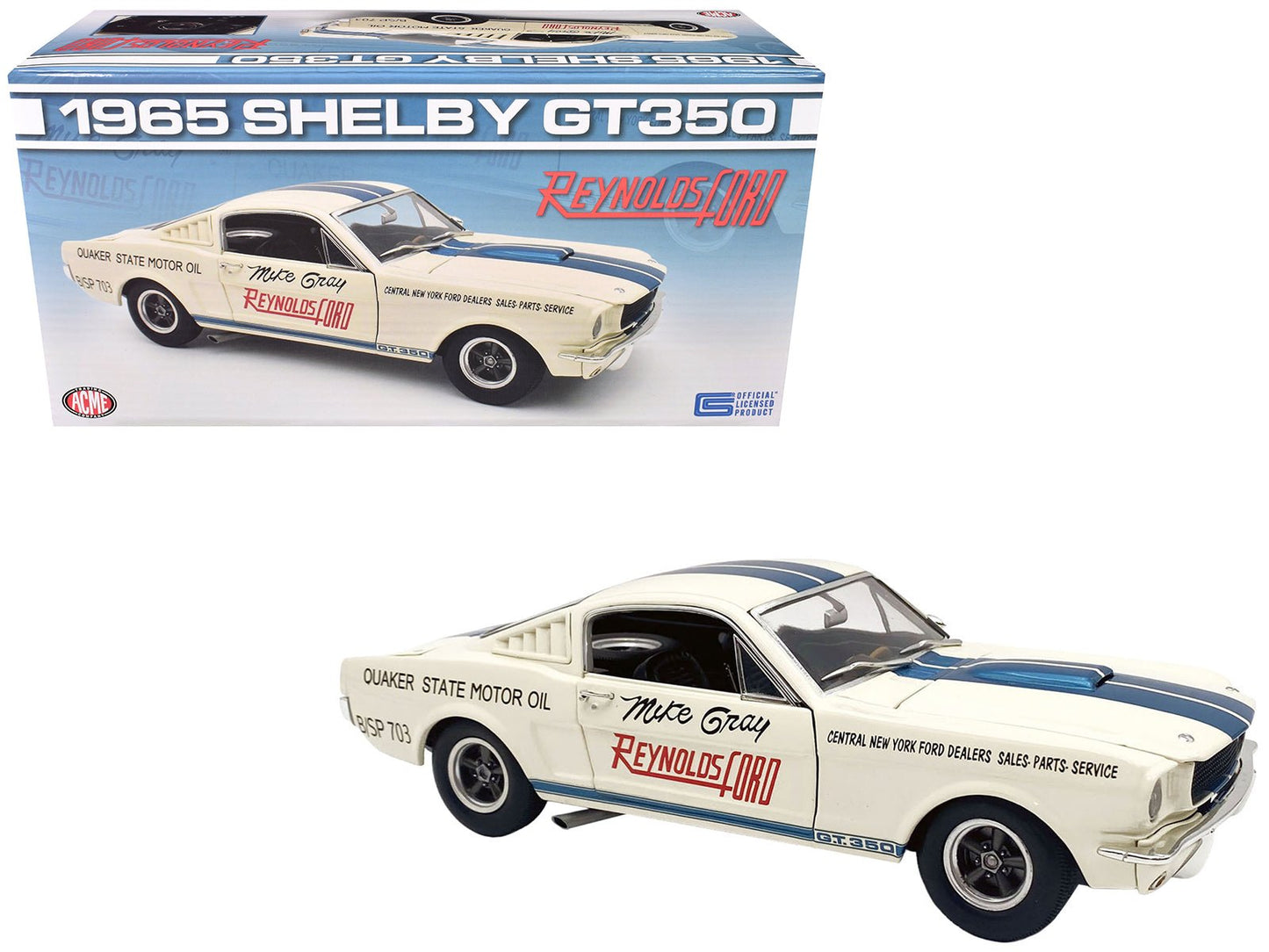 1965 Shelby GT350 "Reynolds Ford" White with Blue Stripes Limited Edition to 204 pieces Worldwide 1/18 Diecast Model Car by ACME free shipping USA
