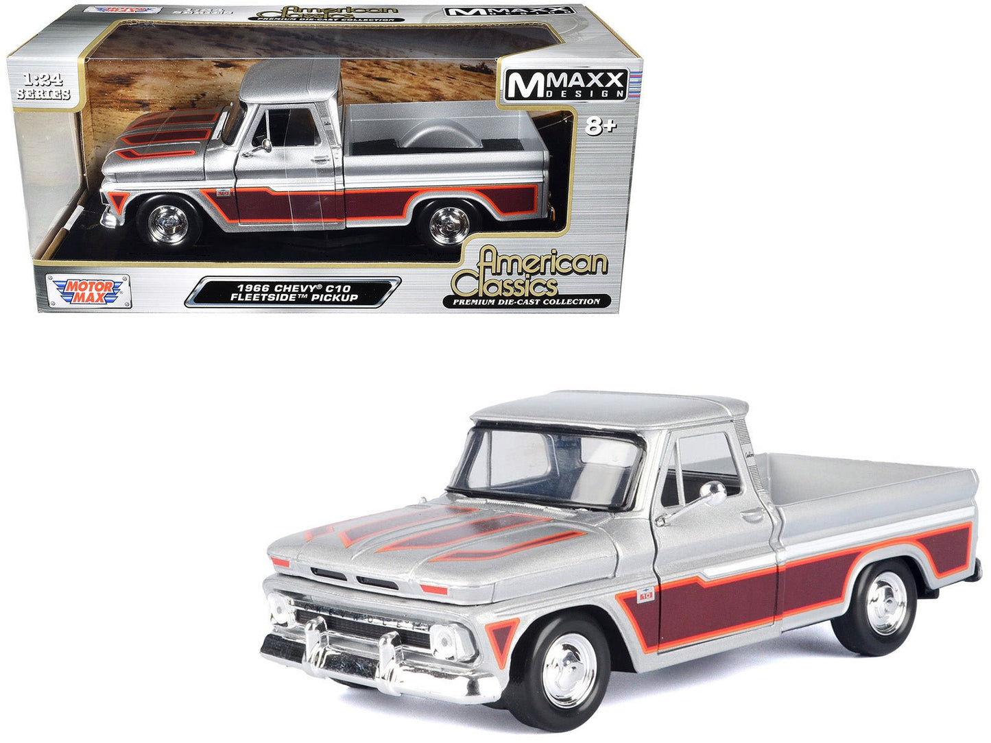 1966 Chevrolet C10 Fleetside Pickup Truck Silver Metallic with Brown Sides "American Classics" Series 1/24 Diecast Model Car by Motormax free shipping USA
