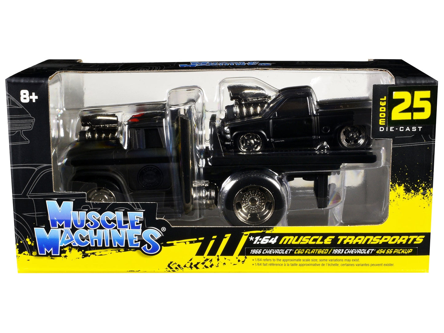 1966 Chevrolet C60 Flatbed Truck Matt Black and 1993 Chevrolet 454 SS Pickup Truck Matt Black "Muscle Transports" Series 1/64 Diecast Models by Muscle Machines free shipping USA