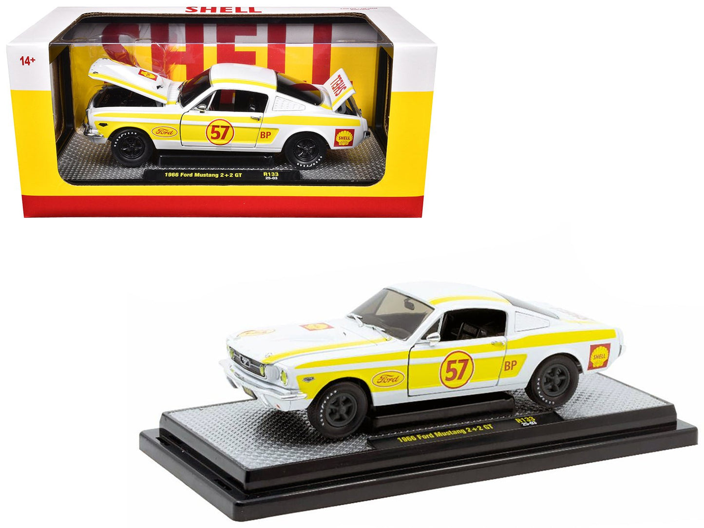1966 Ford Mustang 2+2 GT #57 "Shell Oil" White with Yellow Stripes Limited Edition to 5650 pieces Worldwide 1/24 Diecast Model Car by M2 Machines free shipping USA