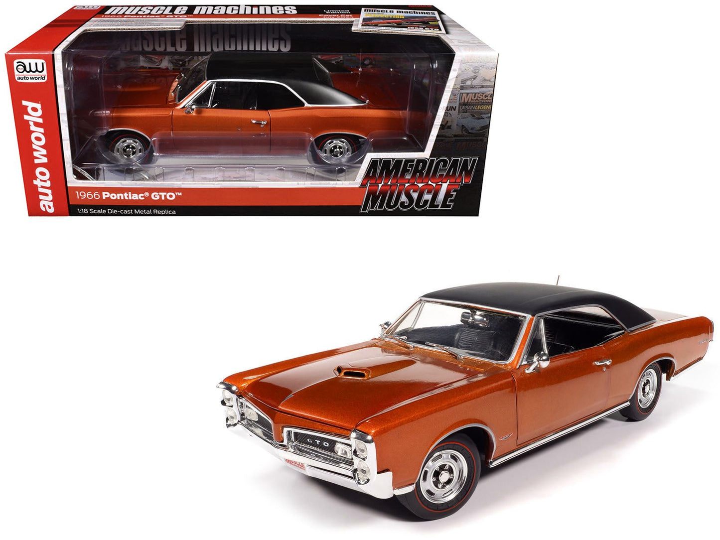 1966 Pontiac GTO Copper Blaze Metallic with Black Vinyl Top "Hemmings Muscle Machines July 2024 Cover Car" "American Muscle" Series 1/18 Diecast Model Car by Auto World free shipping USA