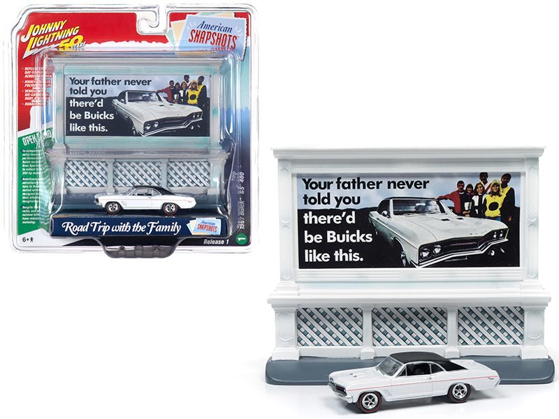 1967 Buick GS 400 White with "Buick" City Billboard "Johnny Lightning 50th Anniversary" 1/64 Diecast Model Car by Johnny Lightning free shipping USA