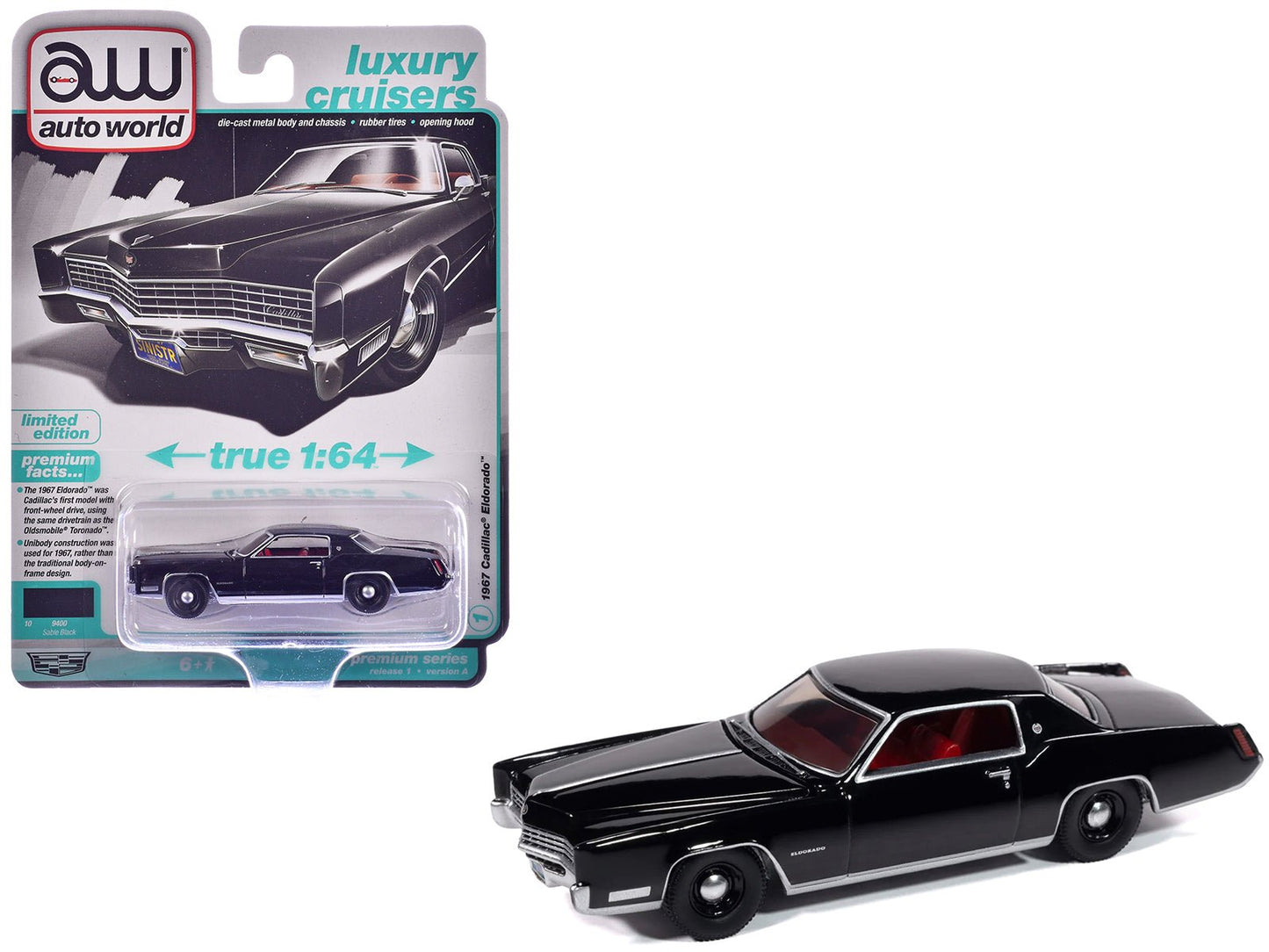 1967 Cadillac Eldorado Sable Black with Red Interior "Luxury Cruisers" Series 1/64 Diecast Model Car by Auto World free shipping USA
