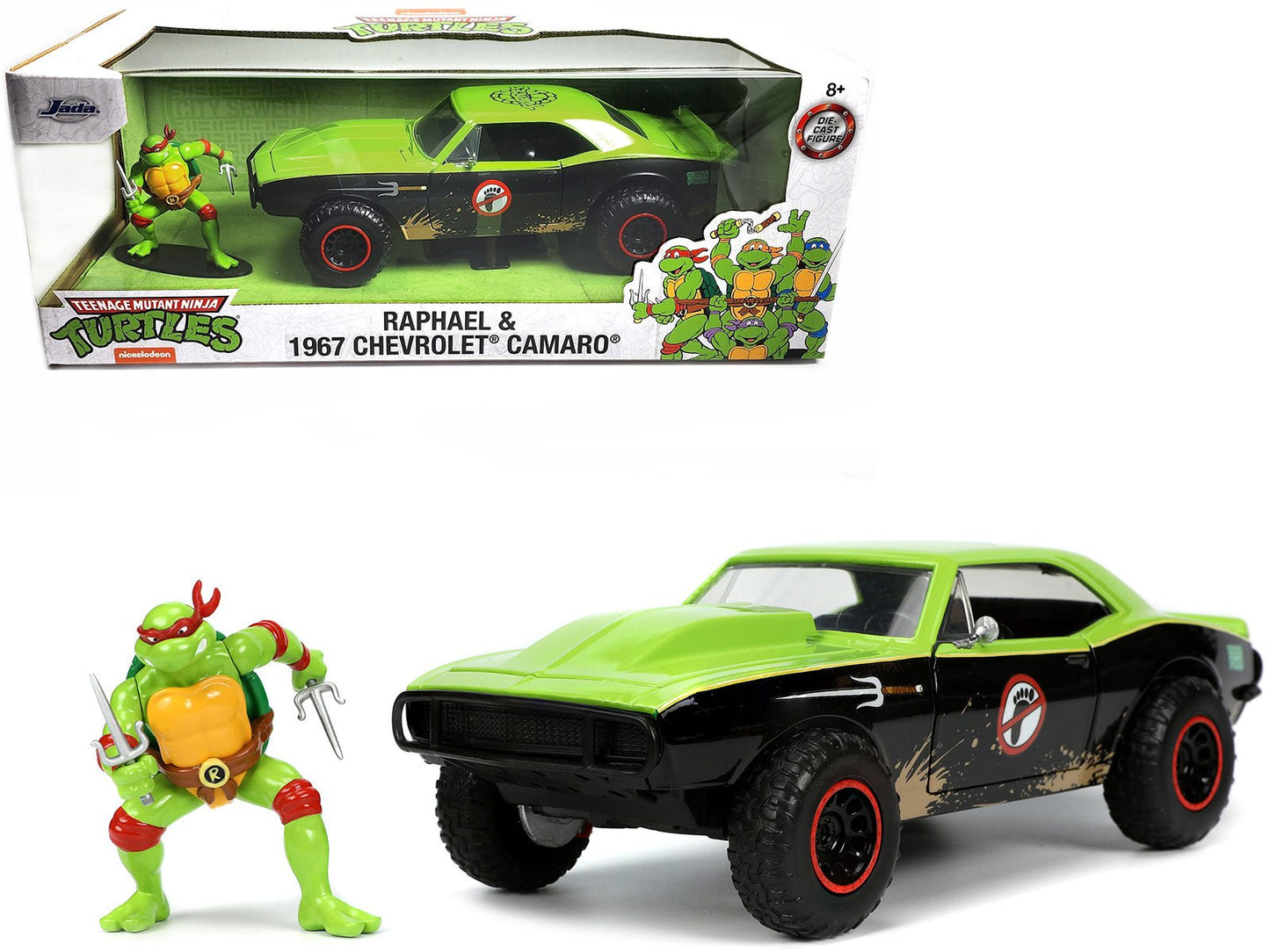 1967 Chevrolet Camaro Offroad Bright Green and Matt Black (Dirty Version) and Raphael Diecast Figure "Teenage Mutant Ninja Turtles" "Hollywood Rides" Series 1/24 Diecast Model Car by Jada free shipping USA