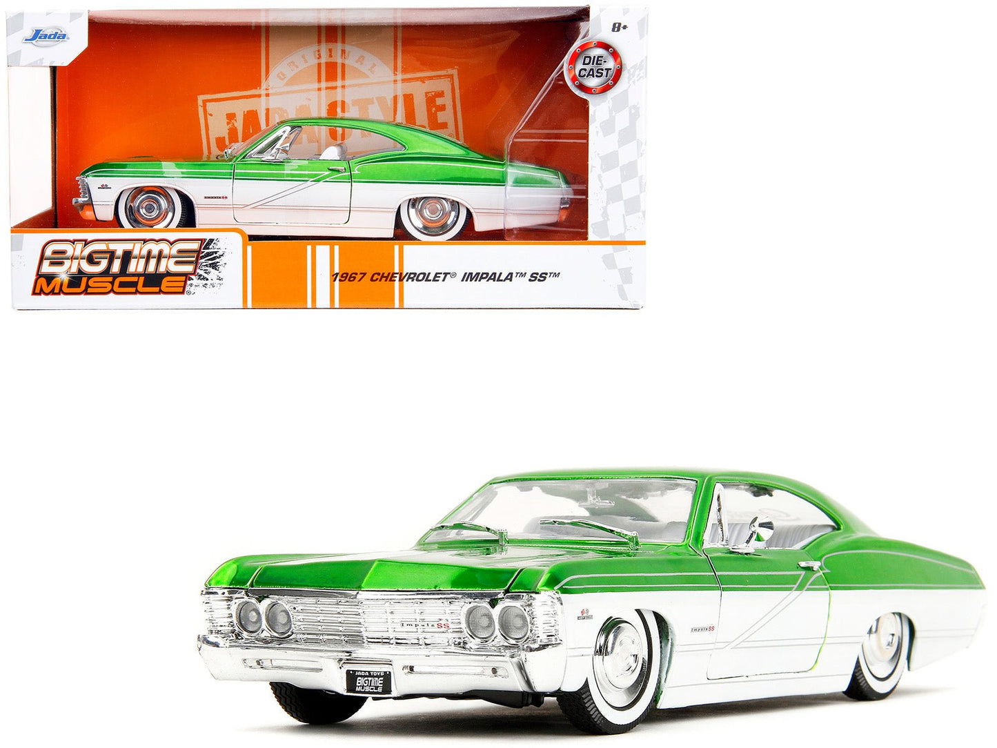 1967 Chevrolet Impala SS Green Metallic and White with White Interior "Bigtime Muscle" Series 1/24 Diecast Model Car by Jada free shipping USA