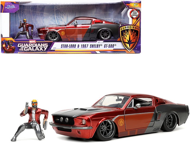 1967 Ford Mustang Shelby GT-500 Red Metallic and Gray Metallic with Star-Lord Diecast Figurine "Guardians of the Galaxy" "Marvel" Series 1/24 Diecast Model Car by Jada free shipping USA