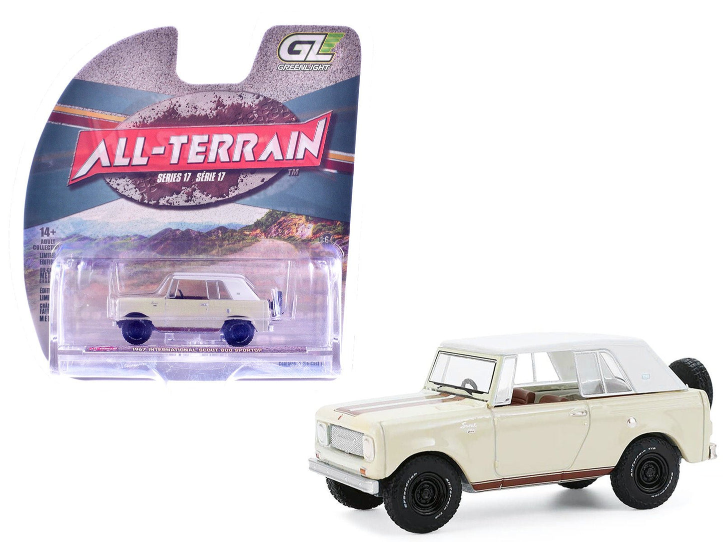 1967 International Scout 800 Sportop Cream with Brown Stripes and White Top "All Terrain" Series 17 1/64 Diecast Model Car by Greenlight free shipping USA