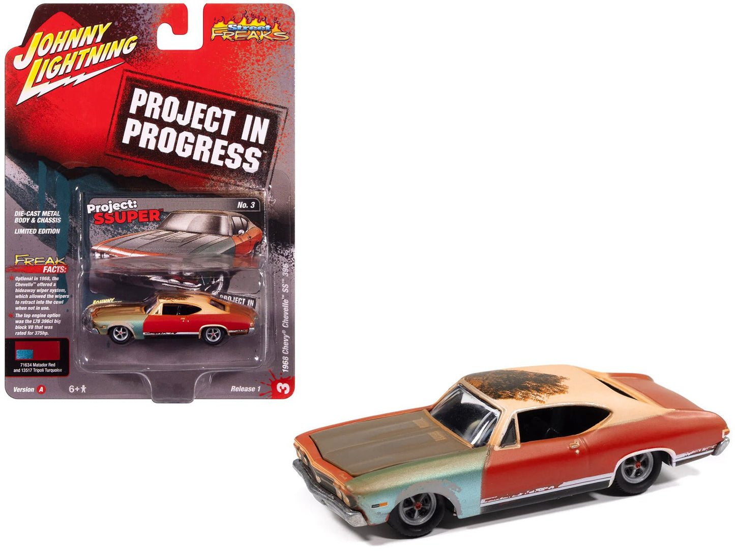 1968 Chevrolet Chevelle SS 396 Matador Red (Weathered) "Project in Progress" Series 1/64 Diecast Model Car by Johnny Lightning free shipping USA