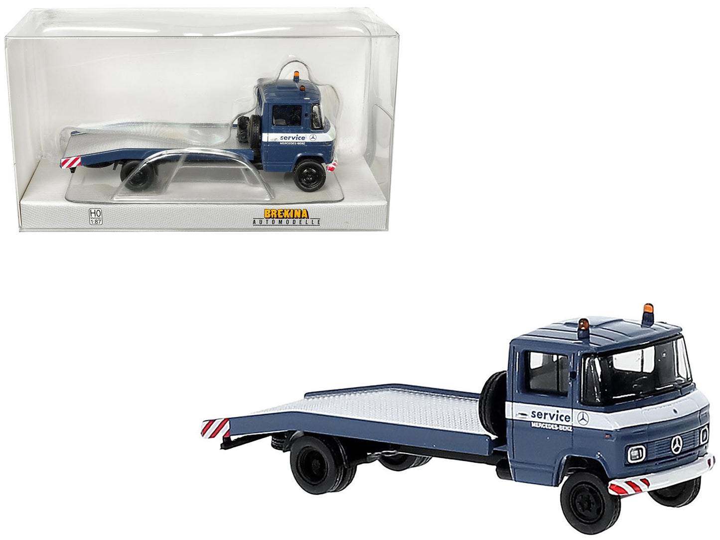 1968 Mercedes-Benz L 608 D Flatbed Truck Blue with White Stripes "Mercedes-Benz Service" 1/87 (HO) Scale Model Car by Brekina free shipping USA