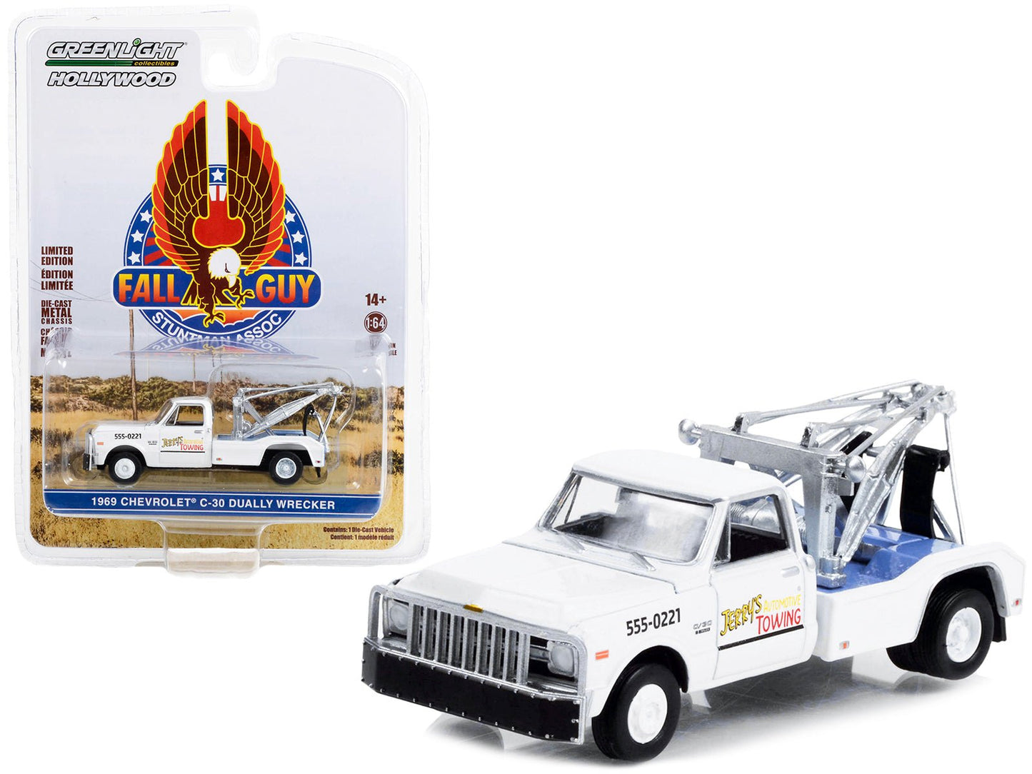 1969 Chevrolet C-30 Dually Wrecker Tow Truck White "Jerry’s Towing" "Fall Guy Stuntman Association" Hollywood Special Edition 1/64 Diecast Model Car by Greenlight free shipping USA
