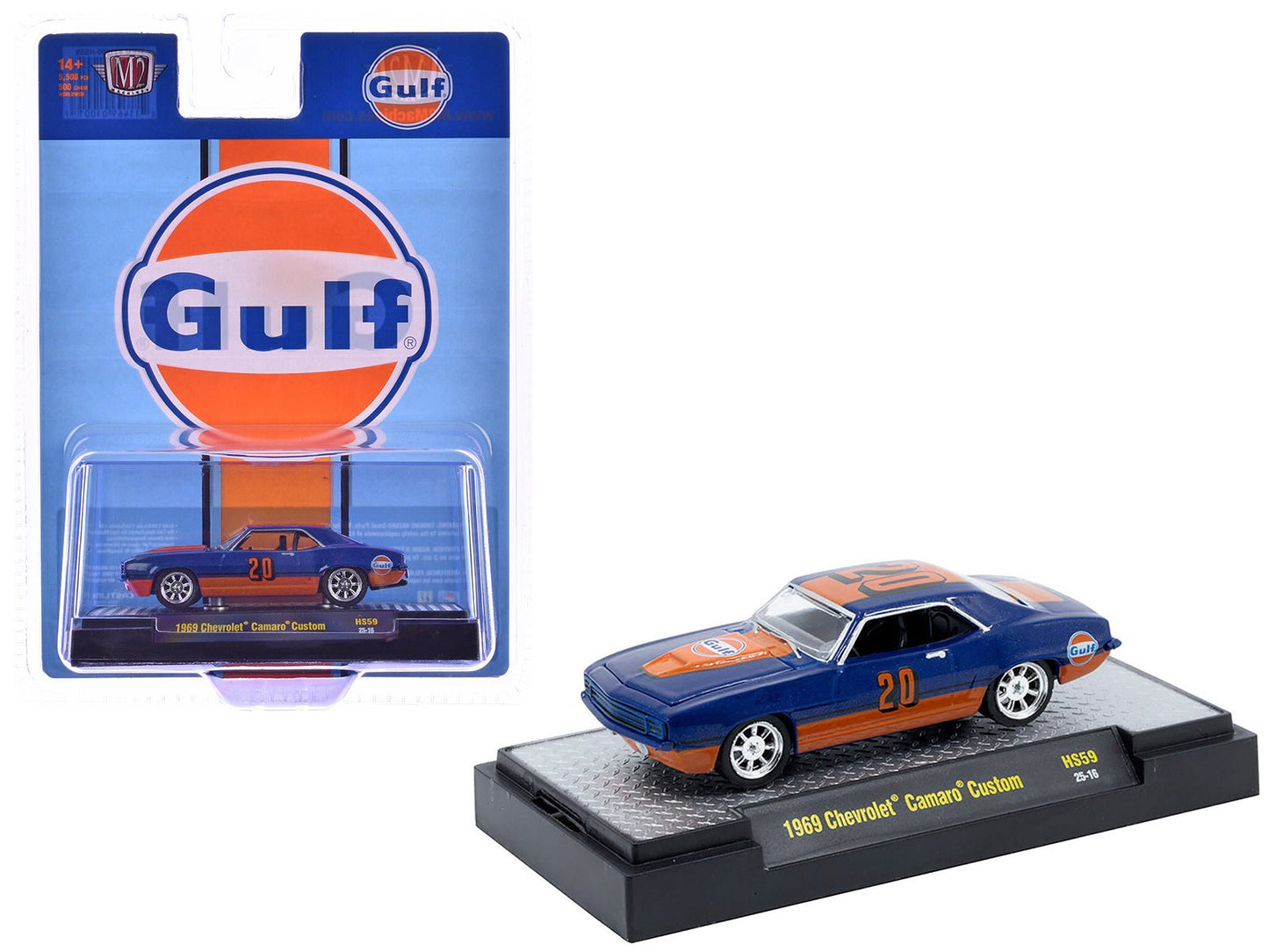 1969 Chevrolet Camaro Custom #20 "Gulf Oil" Dark Blue and Orange Limited Edition to 5500 pieces Worldwide 1/64 Diecast Model Car by M2 Machines free shipping USA