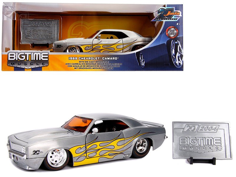 1969 Chevrolet Camaro Raw Metal with Yellow Flames "Bigtime Muscle" "Jada 20th Anniversary" 1/24 Diecast Model Car by Jada free shipping USA