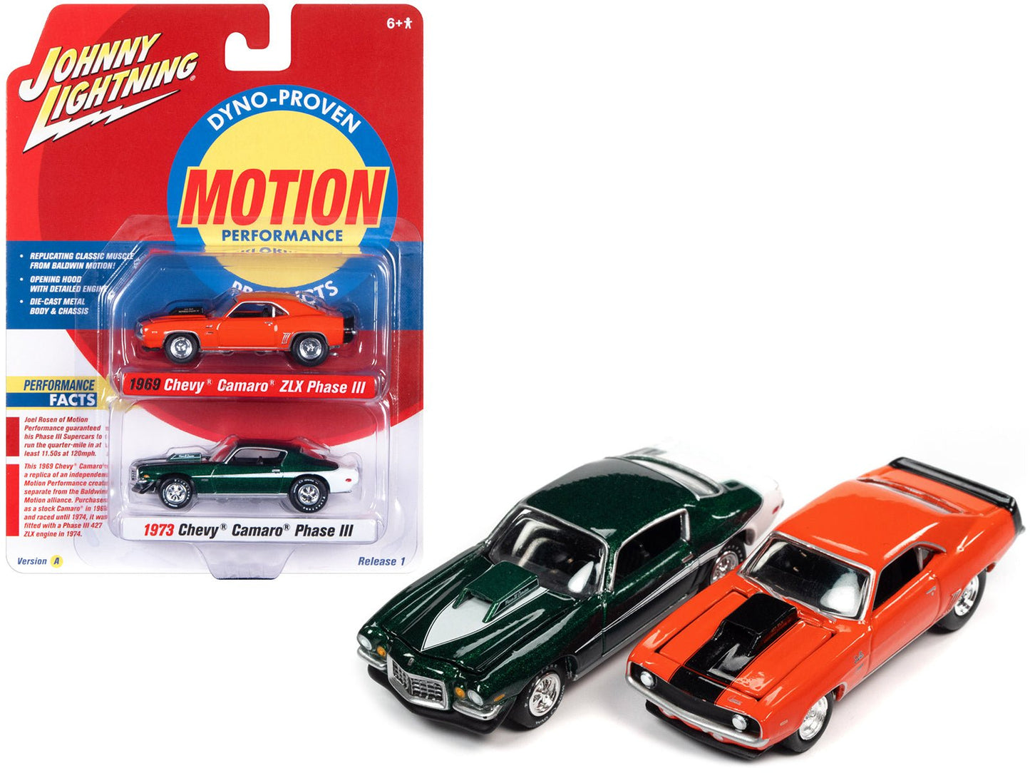 1969 Chevrolet Camaro ZLX Phase III Hugger Orange with Black Stripes and 1973 Chevrolet Camaro Phase III Dark Green Metallic and White "Baldwin Motion" Set of 2 Cars 1/64 Diecast Model Cars by Johnny Lightning free shipping USA