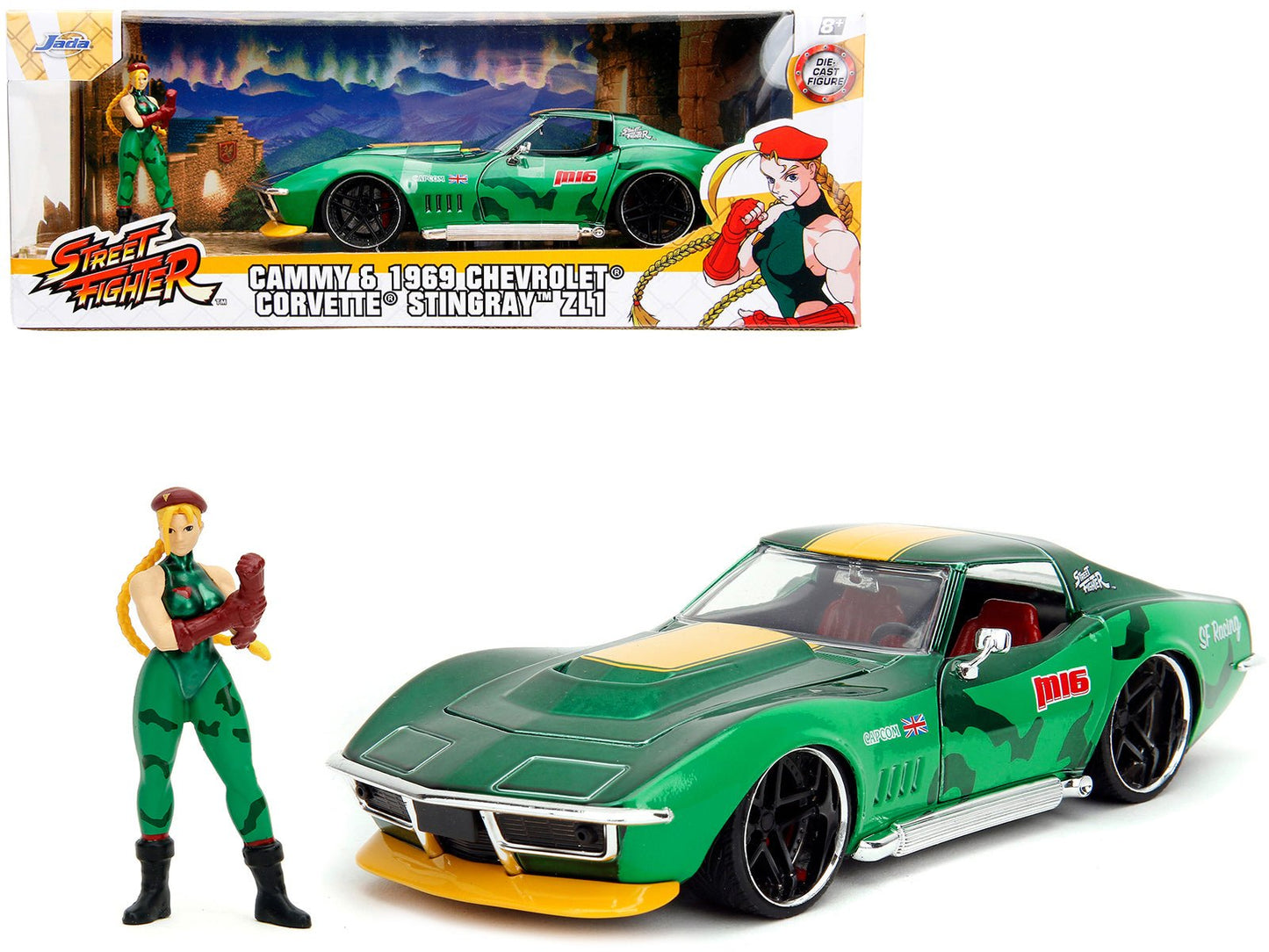 1969 Chevrolet Corvette Stingray ZL1 Green Metallic with Yellow Stripes and Cammy Diecast Figure "Street Fighter" Video Game "Anime Hollywood Rides" Series 1/24 Diecast Model Car by Jada free shipping USA