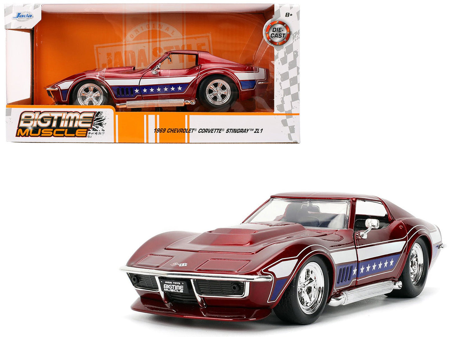 1969 Chevrolet Corvette Stingray ZL1 Red Metallic with Stars and Stripes Graphics "Bigtime Muscle" Series 1/24 Diecast Model Car by Jada free shipping USA