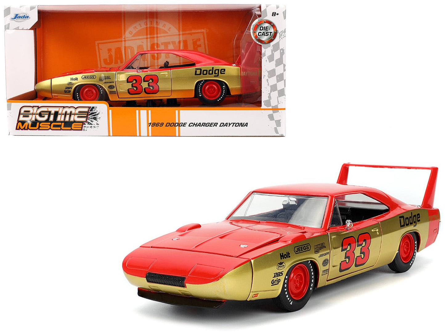 1969 Dodge Charger Daytona #33 Red and Gold Metallic with Graphics "Bigtime Muscle" Series 1/24 Diecast Model Car by Jada free shipping USA