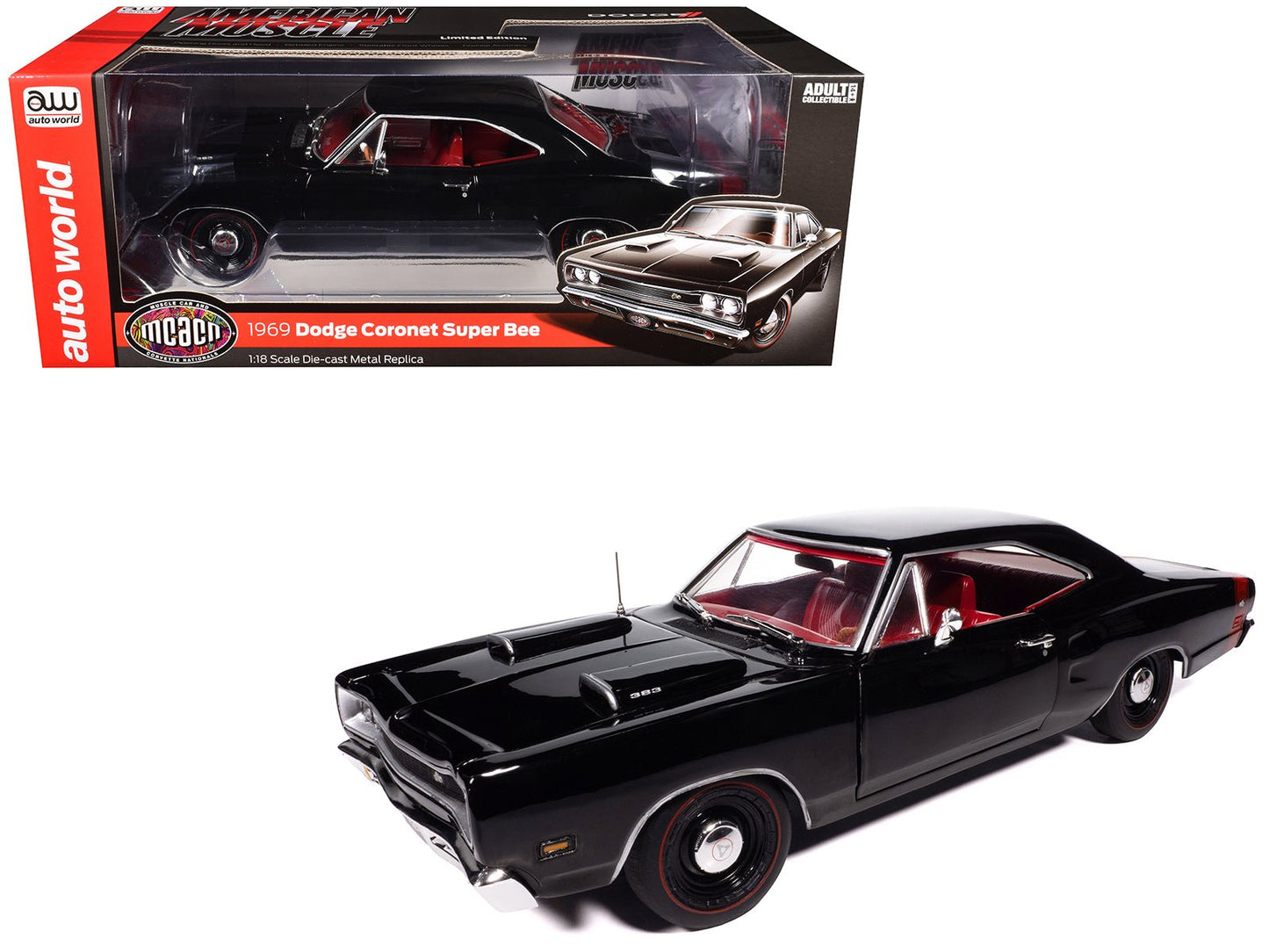1969 Dodge Coronet Super Bee "Muscle Car & Corvette Nationals" (MCACN) Black with Red Interior "American Muscle" Series 1/18 Diecast Model Car by Auto World free shipping USA