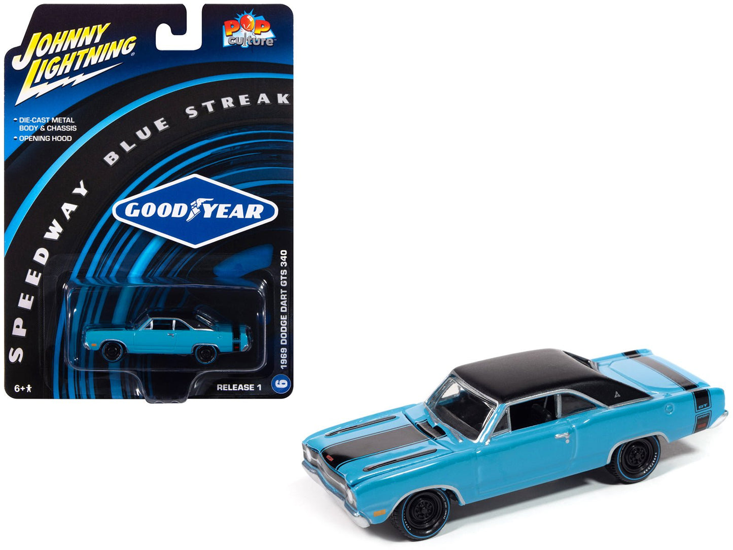 1969 Dodge Dart GTS 340 Blue with Black Top and Stripes "Goodyear Blue Streak" "Pop Culture" 2025 Release 1 1/64 Diecast Model Car by Johnny Lightning free shipping USA