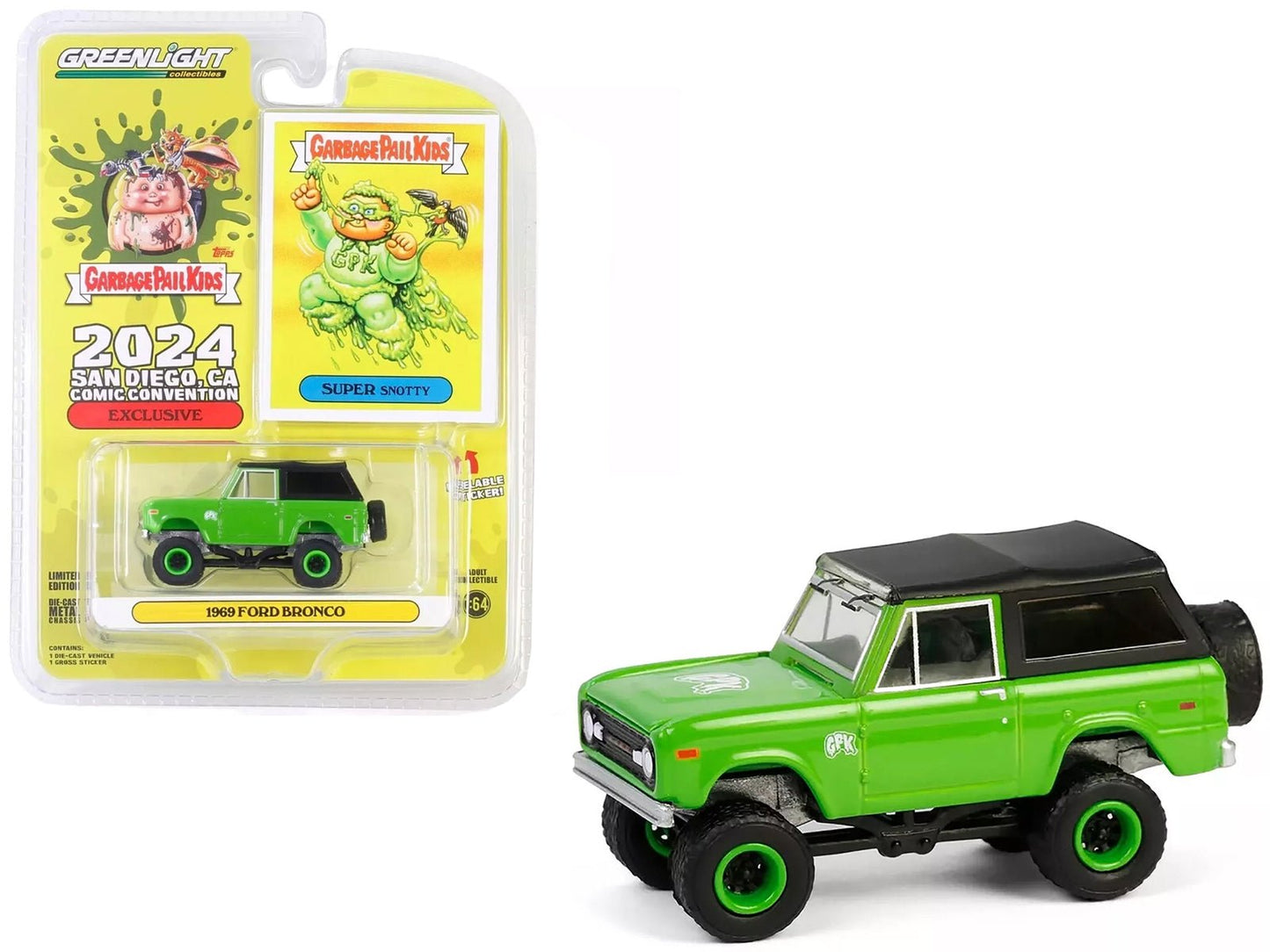 1969 Ford Bronco "Garbage Pail Kids: Super Snotty" Green with Black Top "San Diego Comic-Con 2024 Exclusive" 1/64 Diecast Model Car by Greenlight free shipping USA