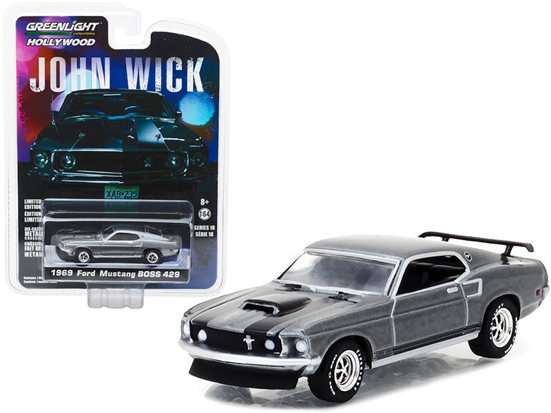 1969 Ford Mustang Boss 429 Gray Metallic with Black Stripes "John Wick" (2014) Movie "Hollywood Series" Release 18 1/64 Diecast Model Car by Greenlight free shipping USA