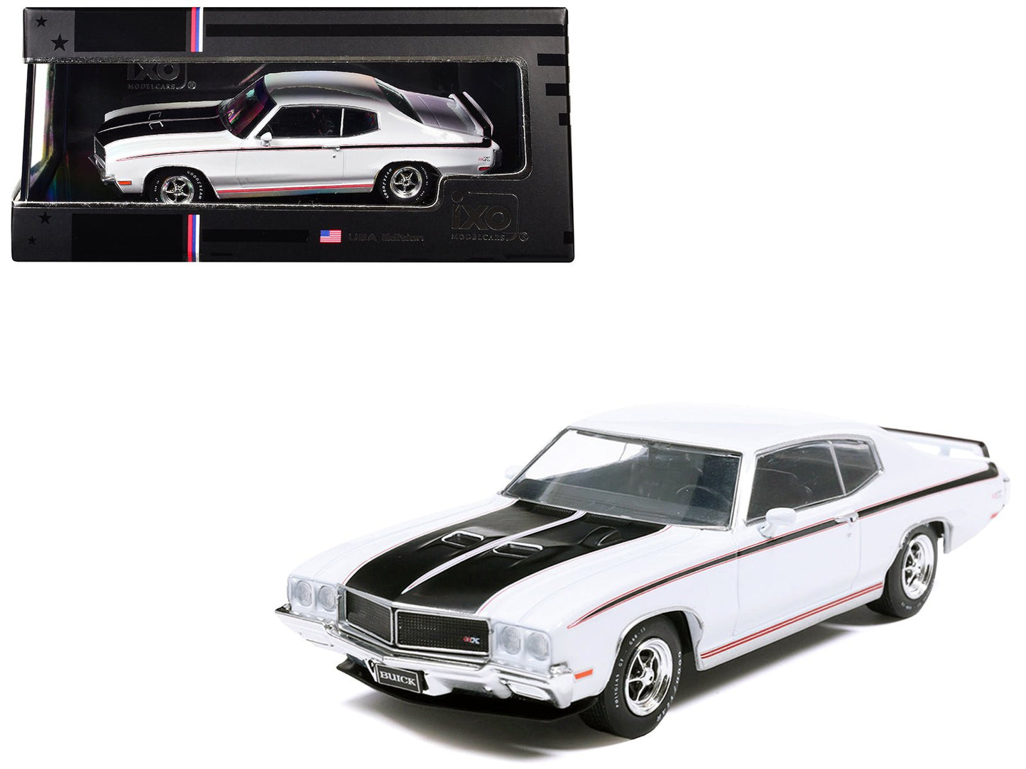 1970 Buick GSX Apollo White with Black and Red Stripes 1/43 Diecast Model by IXO Models free shipping USA