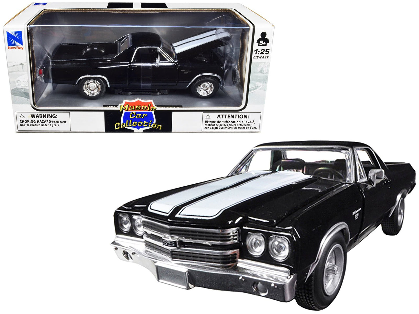 1970 Chevrolet El Camino SS Black with White Stripes "Muscle Car Collection" 1/25 Diecast Model Car by New Ray free shipping USA