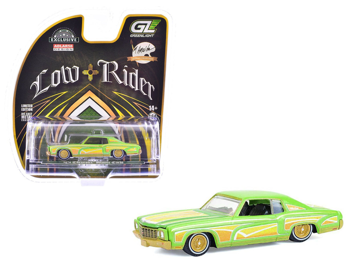 1970 Chevrolet Monte Carlo Lowrider "Michael Heralda Special Edition" Lime Green with Graphics "Hobby Exclusive" Series 1/64 Diecast Model Car by Greenlight free shipping USA
