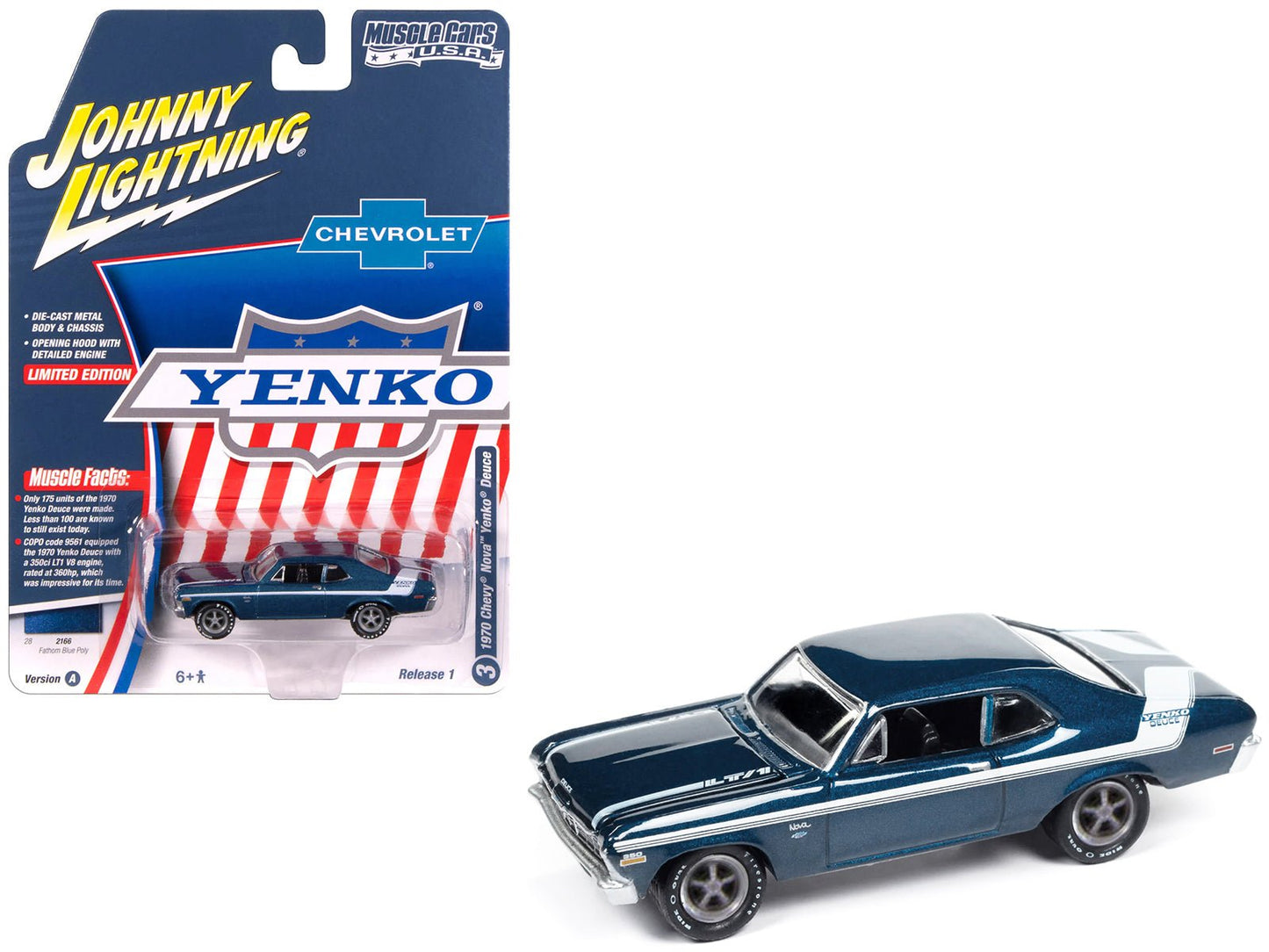 1970 Chevrolet Nova Yenko Deuce Fathom Blue Metallic with White Stripes "Muscle Cars USA" Series 1/64 Diecast Model Car by Johnny Lightning free shipping USA