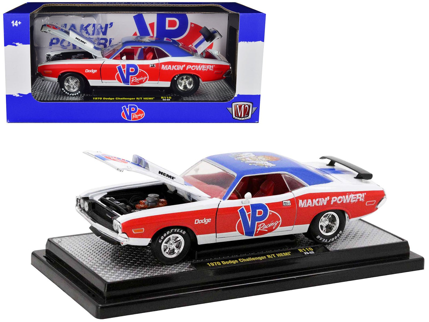 1970 Dodge Challenger R/T Hemi White with Red and Blue Stripes with Red Interior "VP Racing" Limited Edition to 5710 pieces Worldwide 1/24 Diecast Model Car by M2 Machines free shipping USA