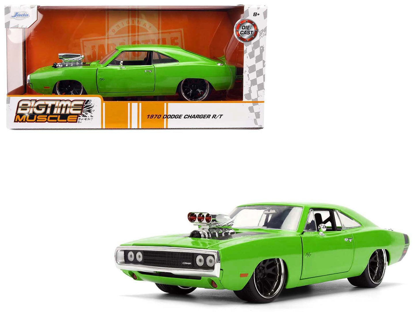 1970 Dodge Charger R/T Bright Green with Black Tail Stripe "Bigtime Muscle" Series 1/24 Diecast Model Car by Jada free shipping USA