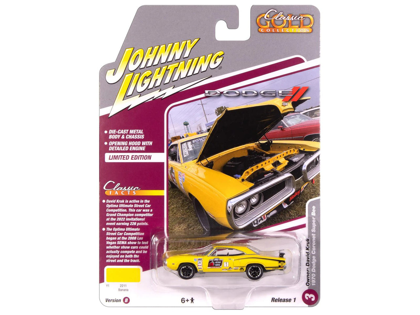 1970 Dodge Coronet Super Bee #1 "David Kruk" Banana Yellow with Black Stripes and Top "Classic Gold Collection" 1/64 Diecast Model Car by Johnny Lightning free shipping USA