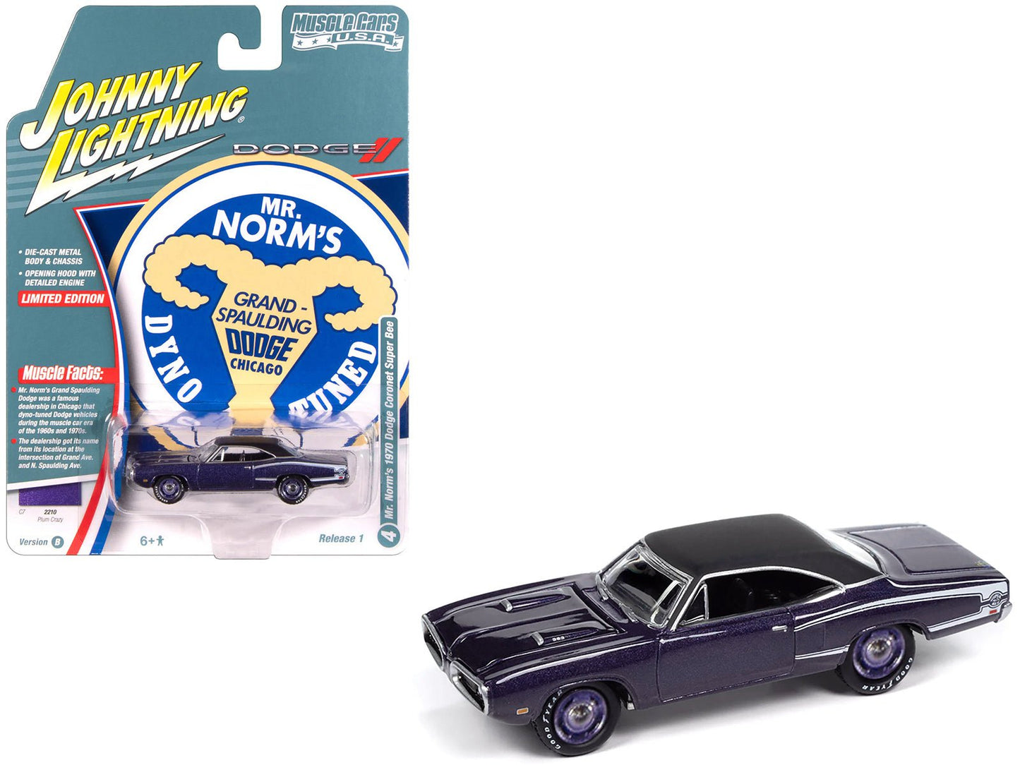 1970 Dodge Coronet Super Bee "Mr. Norm's" Plum Crazy Metallic with Black Top and White Stripes 1/64 Diecast Model Car by Johnny Lightning free shipping USA