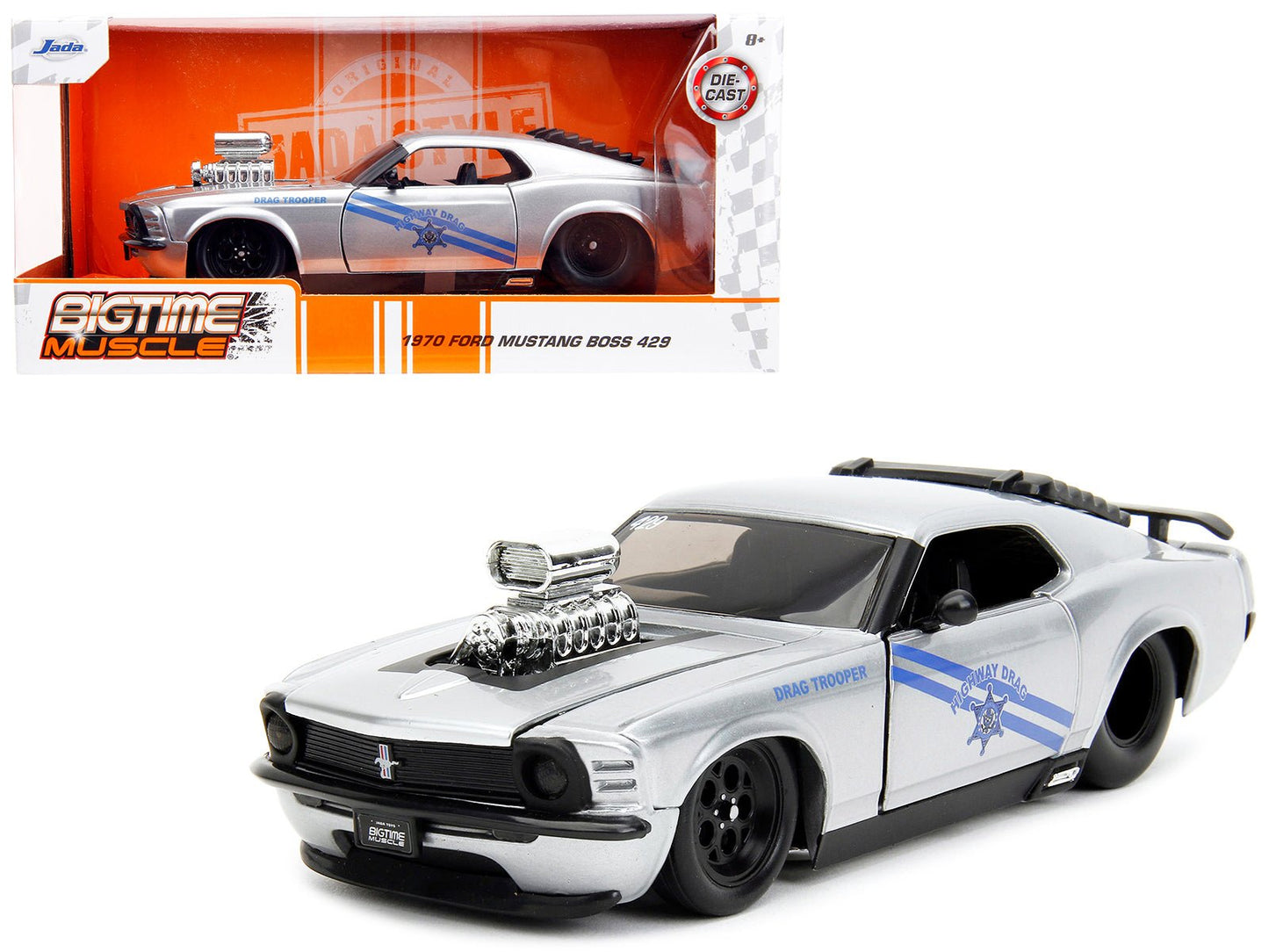 1970 Ford Mustang Boss 429 Silver Metallic "Highway Drag - Drag Trooper" "Bigtime Muscle" Series 1/24 Diecast Model Car by Jada free shipping USA