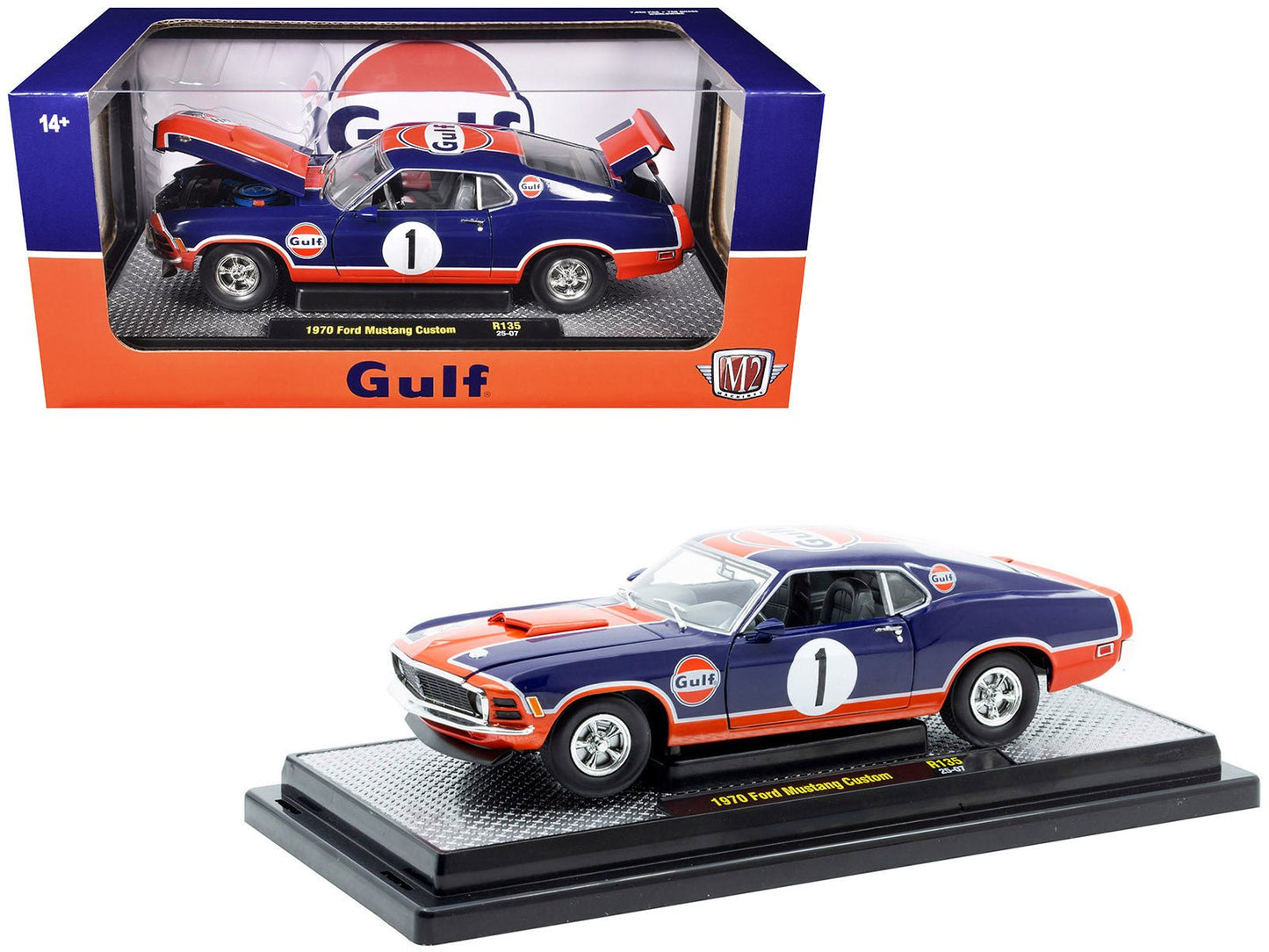 1970 Ford Mustang Custom #1 "Gulf Oil" Dark Blue with Orange Graphics Limited Edition to 7850 pieces Worldwide 1/24 Diecast Model Car by M2 Machines free shipping USA