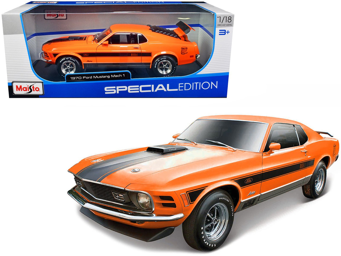 1970 Ford Mustang Mach 1 428 "Twister Special" Orange with Black Stripes "Special Edition" 1/18 Diecast Model Car by Maisto free shipping USA