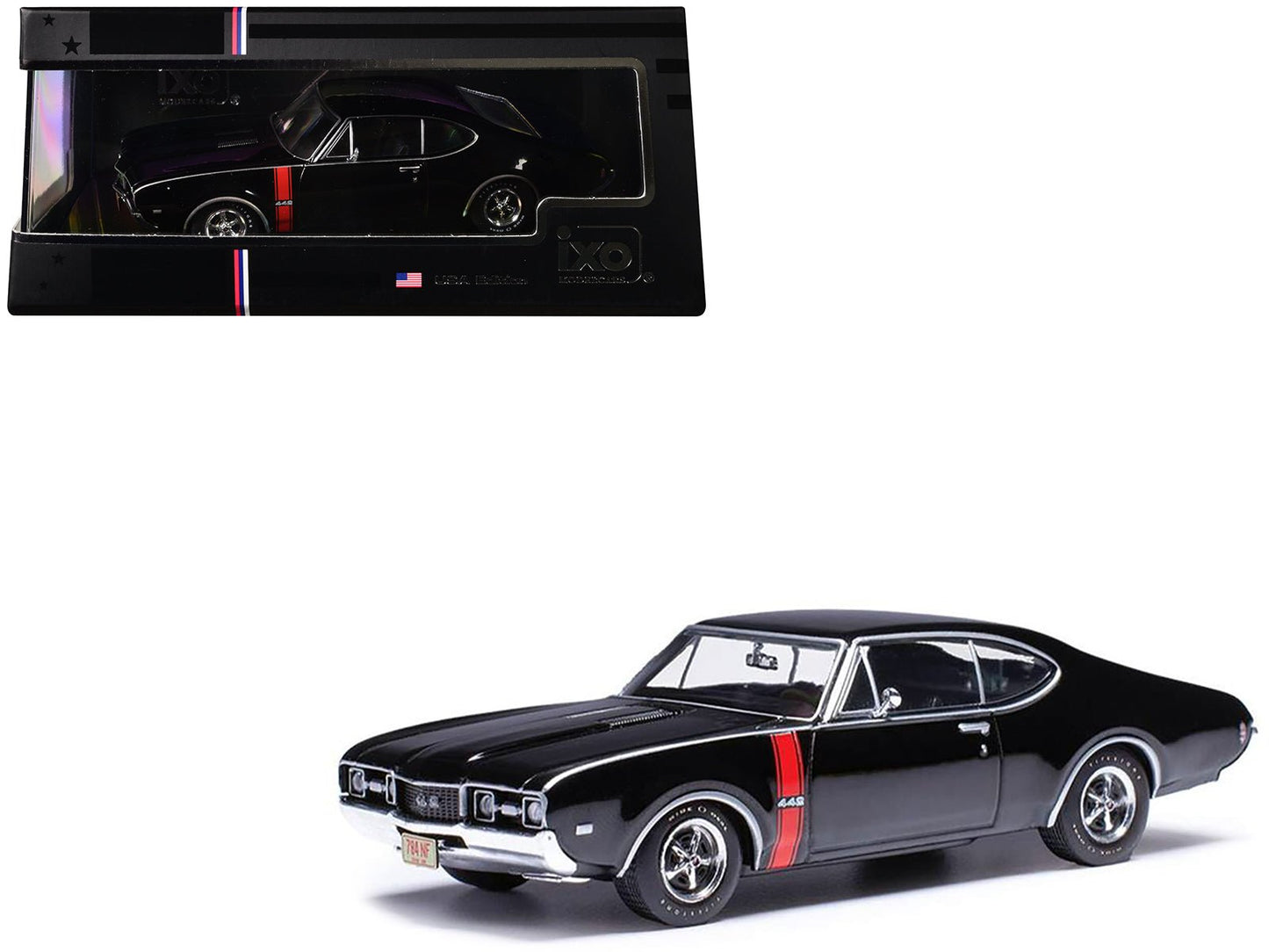 1970 Oldsmobile 442 W-30 Ebony Black with Red Stripes 1/43 Diecast Model by IXO Models free shipping USA