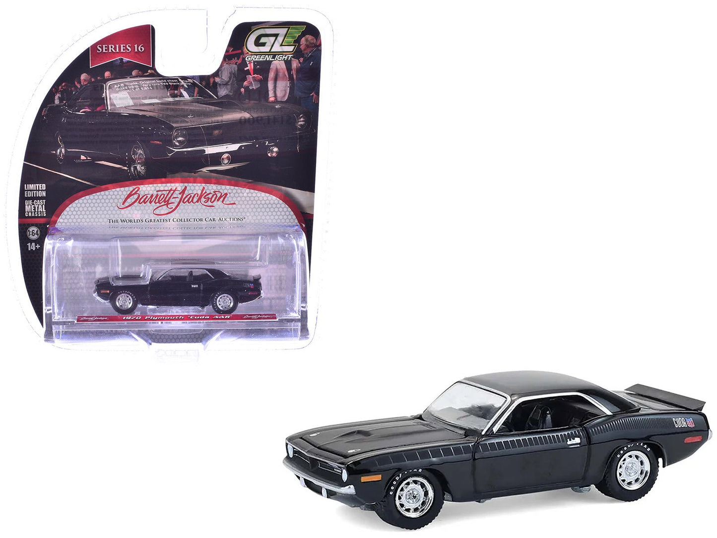 1970 Plymouth 'Cuda AAR Black with Gray Stripes "Barrett-Jackson" Series 16 1/64 Diecast Model Car by Greenlight free shipping USA