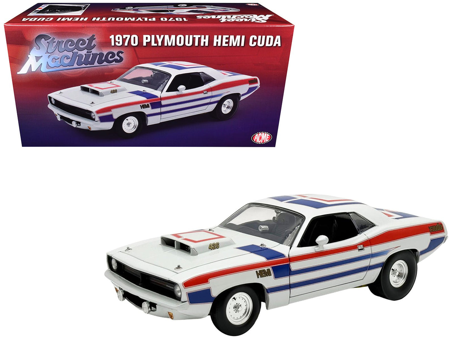 1970 Plymouth HEMI Cuda "Street Machine" White with Red and Blue Stripes Limited Edition to 366 pieces Worldwide 1/18 Diecast Model Car by ACME free shipping USA