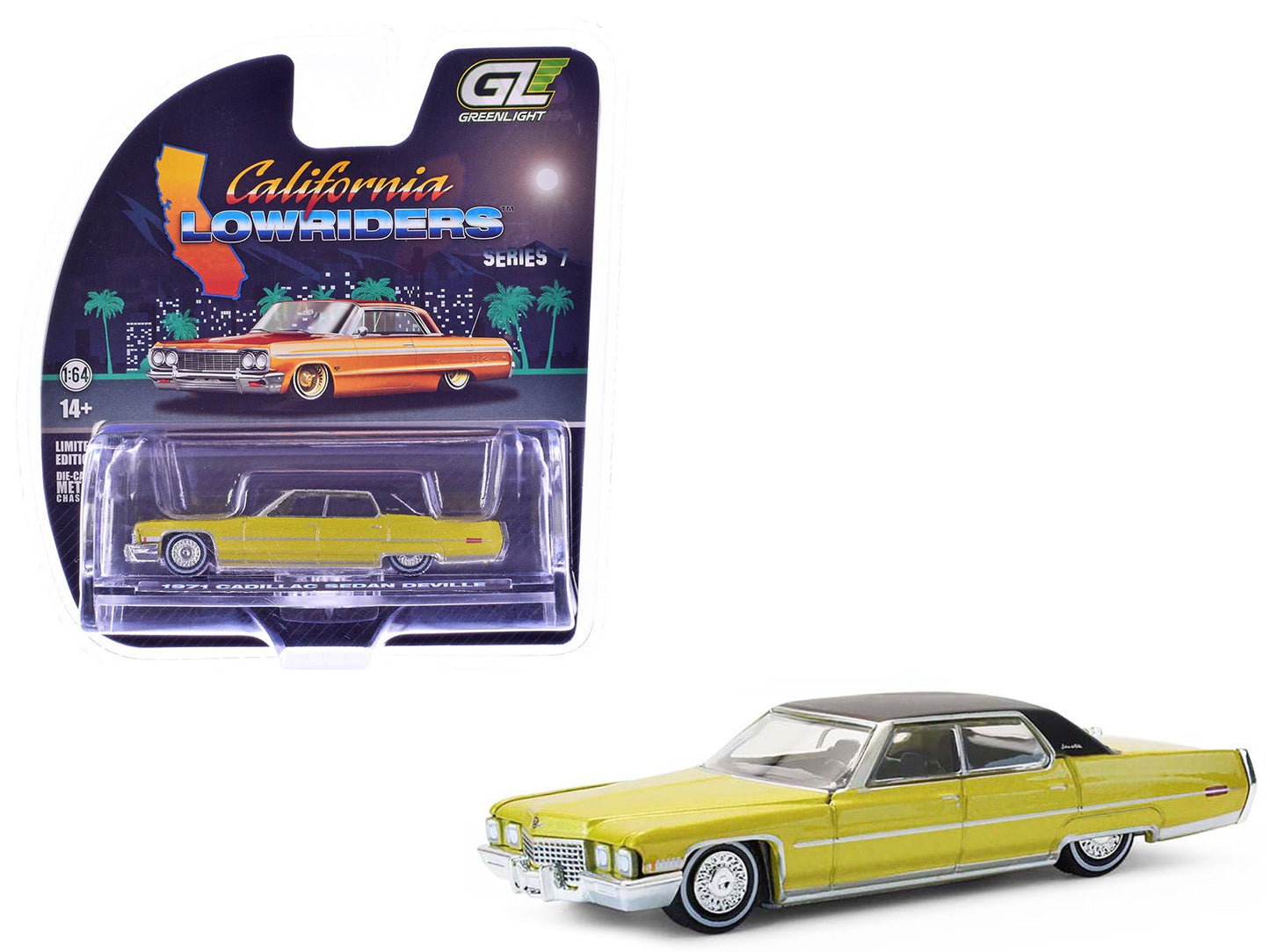 1971 Cadillac Sedan Deville Lowrider Gold Metallic with Black Top "California Lowriders" Series 7 1/64 Diecast Model Car by Greenlight free shipping USA