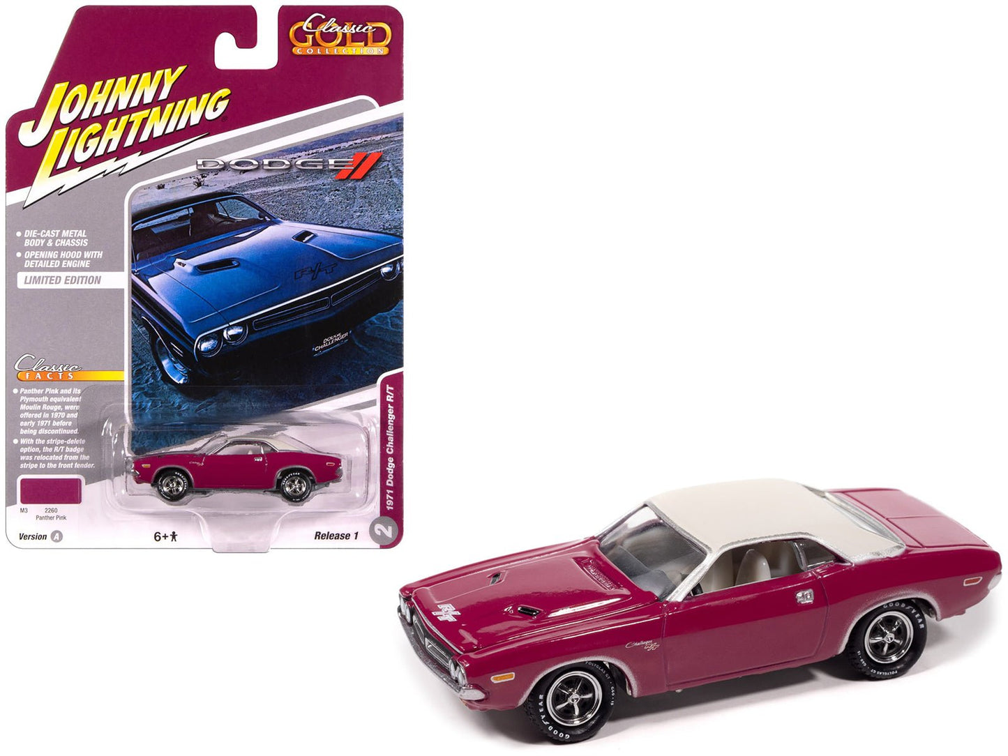 1971 Dodge Challenger R/T Panther Pink with White Top and Interior "Classic Gold Collection" 1/64 Diecast Model Car by Johnny Lightning free shipping USA