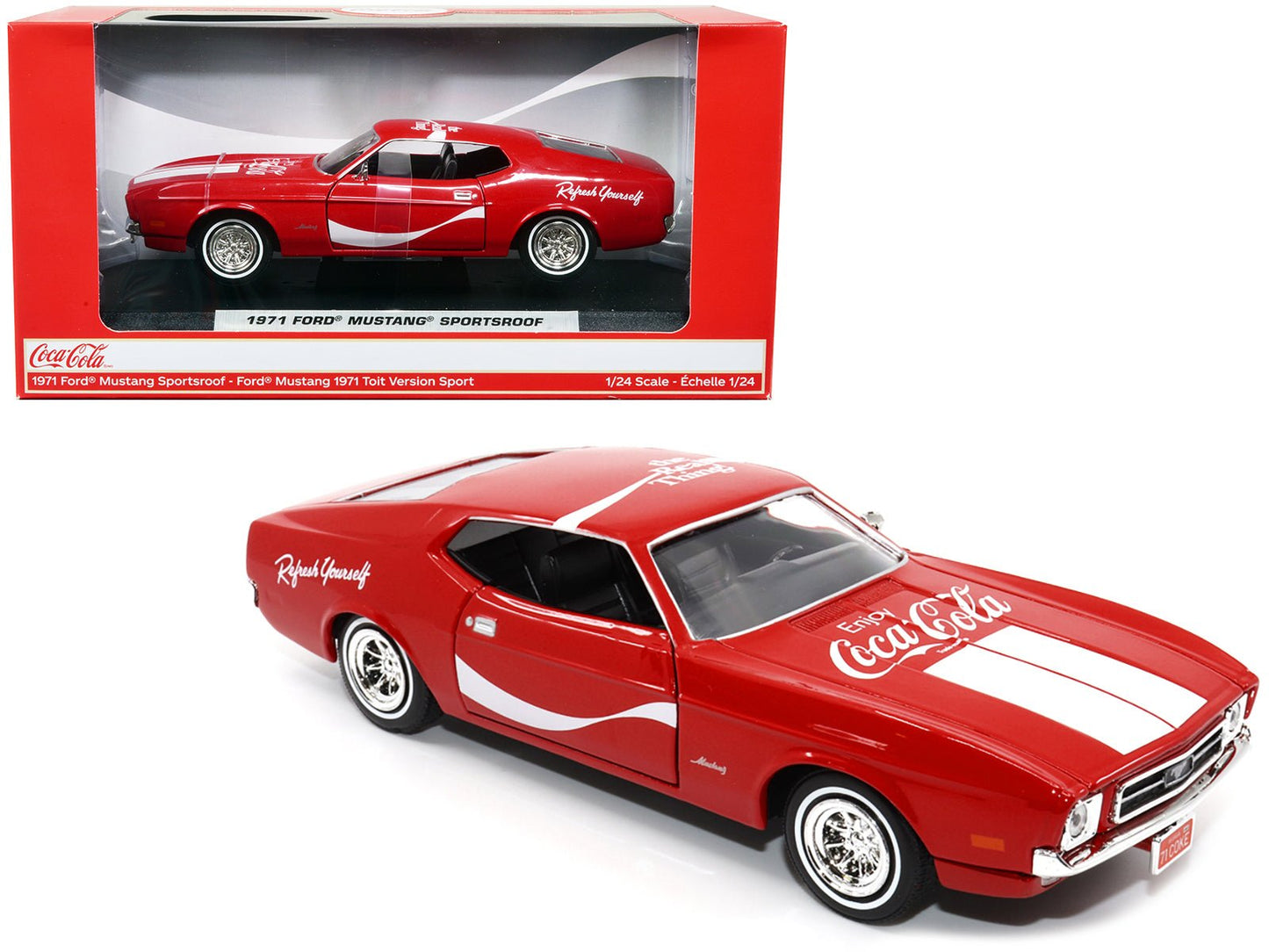 1971 Ford Mustang Sportsroof Red with White Stripes "Refresh Yourself - Coca-Cola" 1/24 Diecast Model Car by Motor City Classics free shipping USA